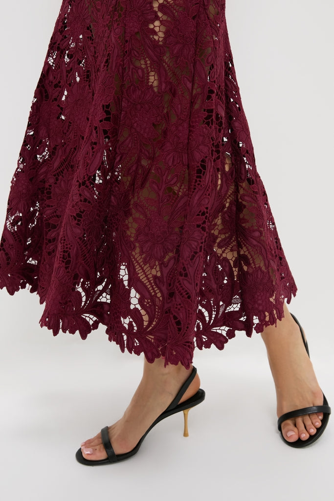 Burgundy Guipure Lace Midi Dress