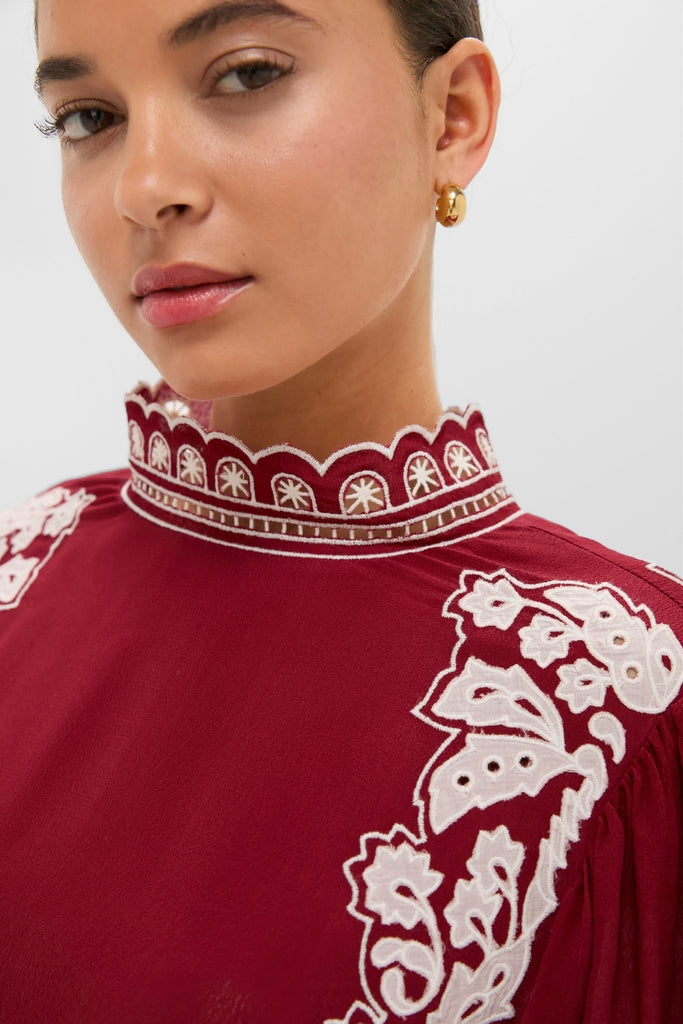 Burgundy Bicolor Palm Tree Embroidery Blouse