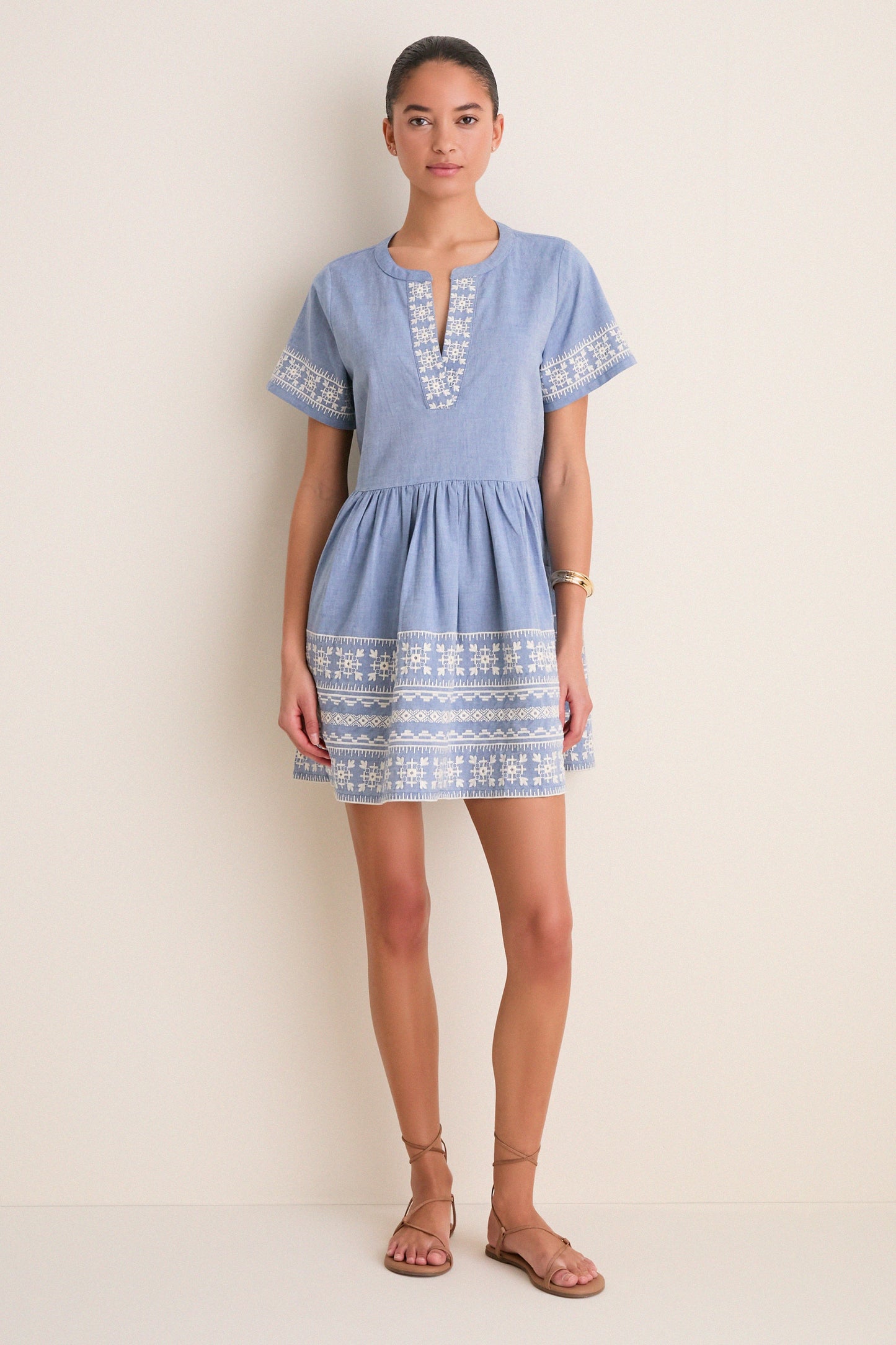 Chambray Embroidered Naples Mini Dress