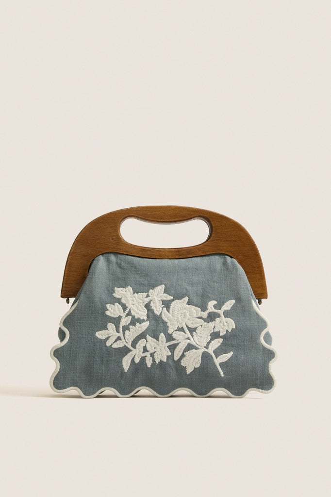 Chambray Floral Bermuda Wooden Handle Bag