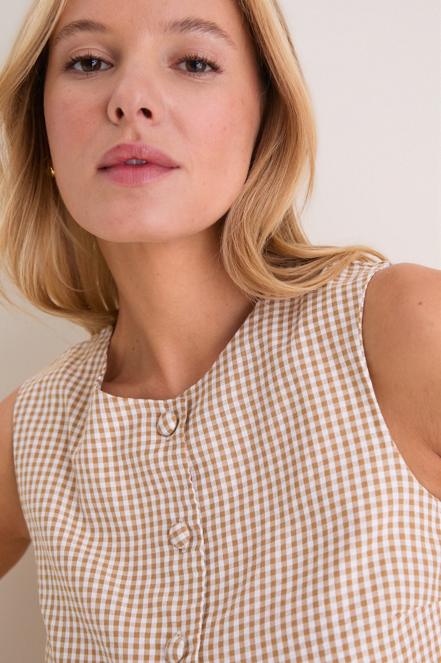 Cafe Check Button Front Wide Hem Top