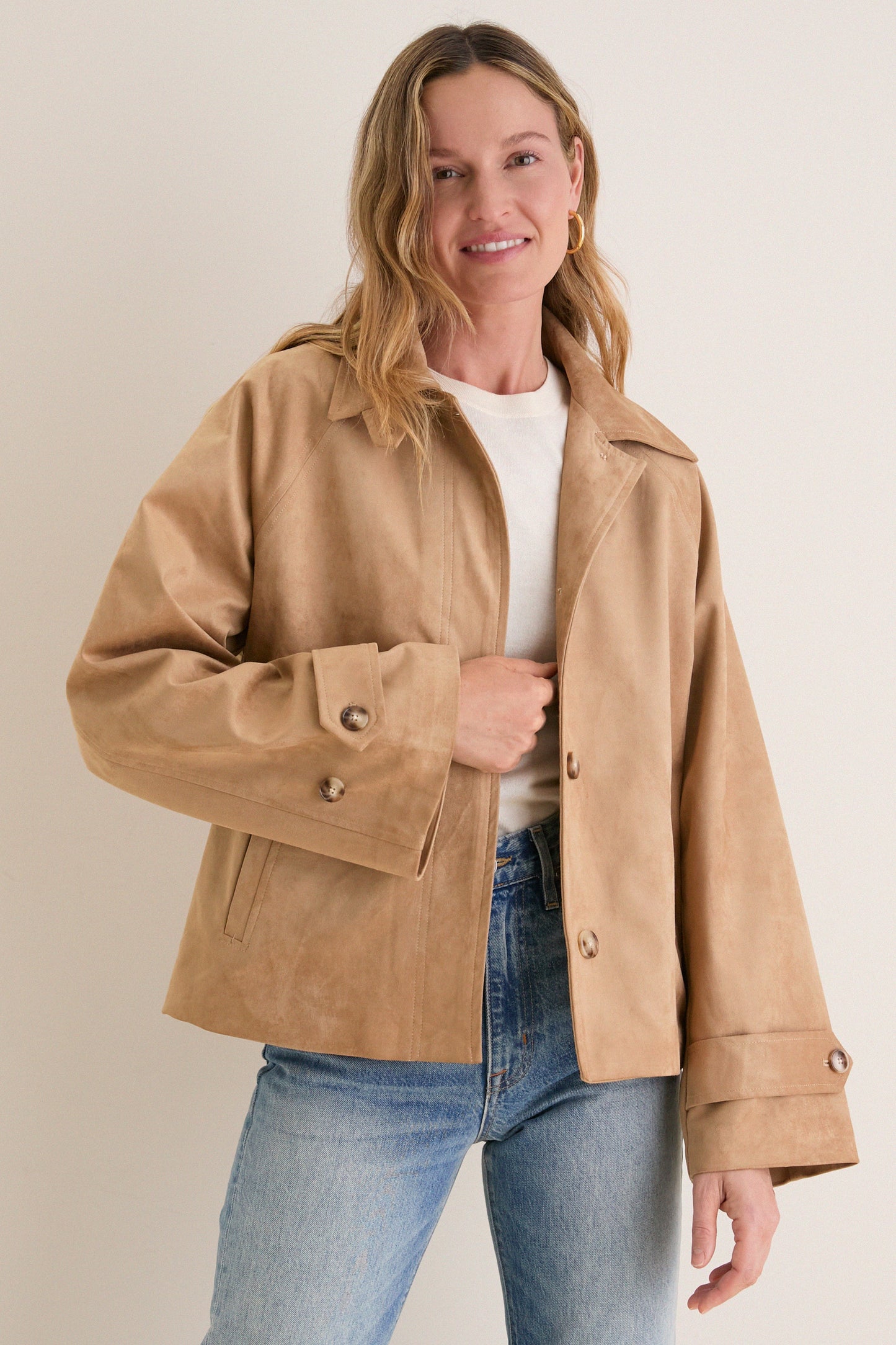 Camel Suede Drew Short Trench Coat
