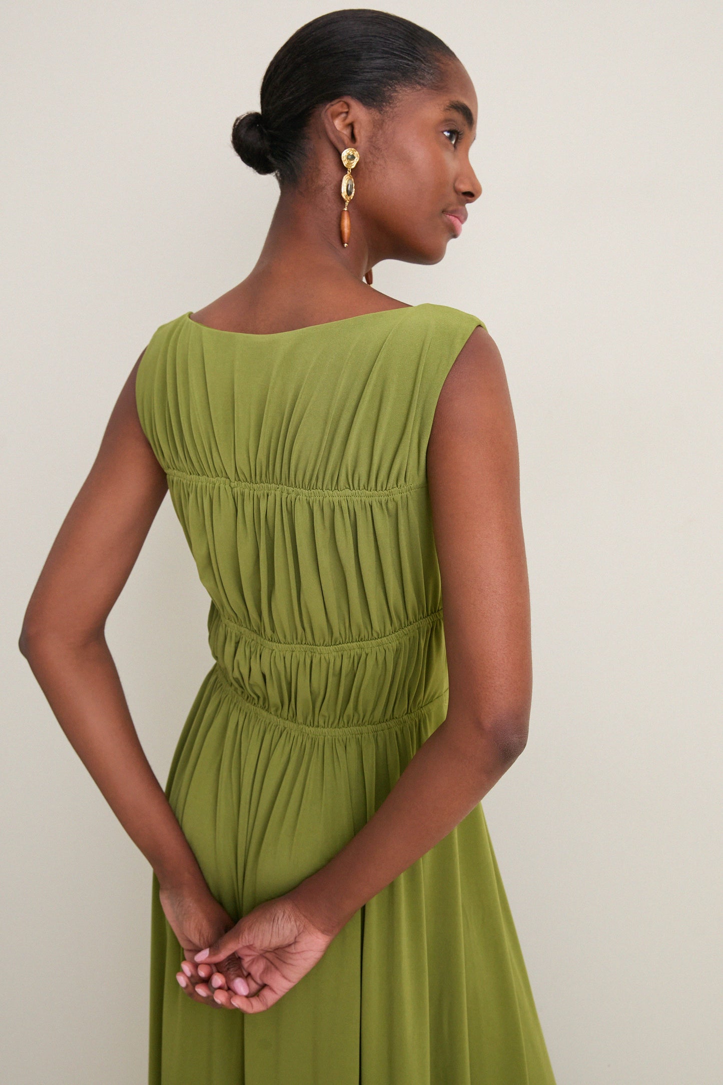 Cedar Green Crepe Jersey Smocked Aurelia Dress