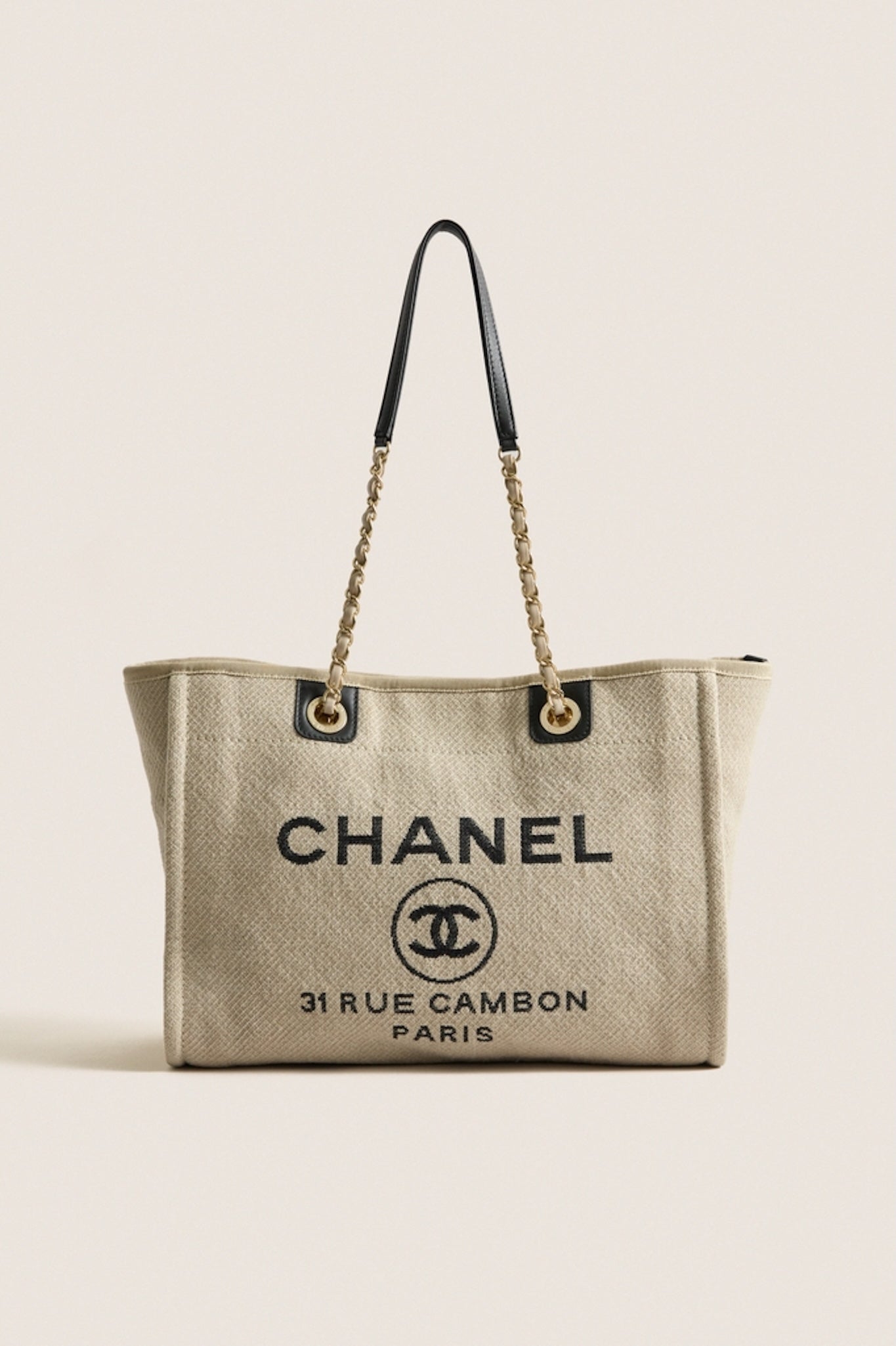 CHANEL Beige Black Canvas Deauville Tote Bag