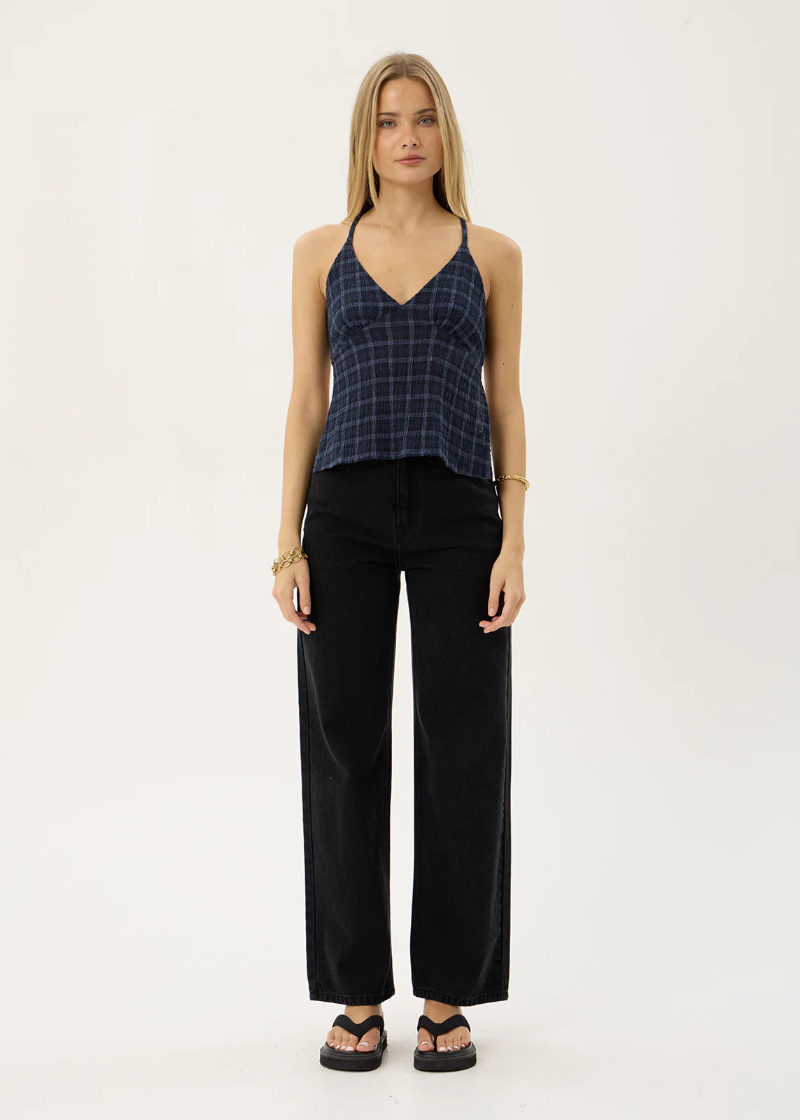 AFENDS Womens Etta - Strappy Seersucker Top - Thea Midnight Check