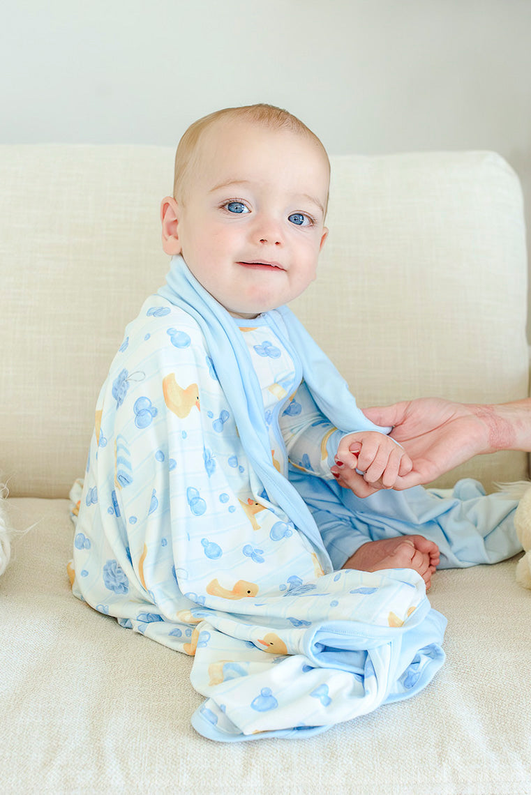 Double Sided Bamboo Blanket | Bubble Duckies Blue