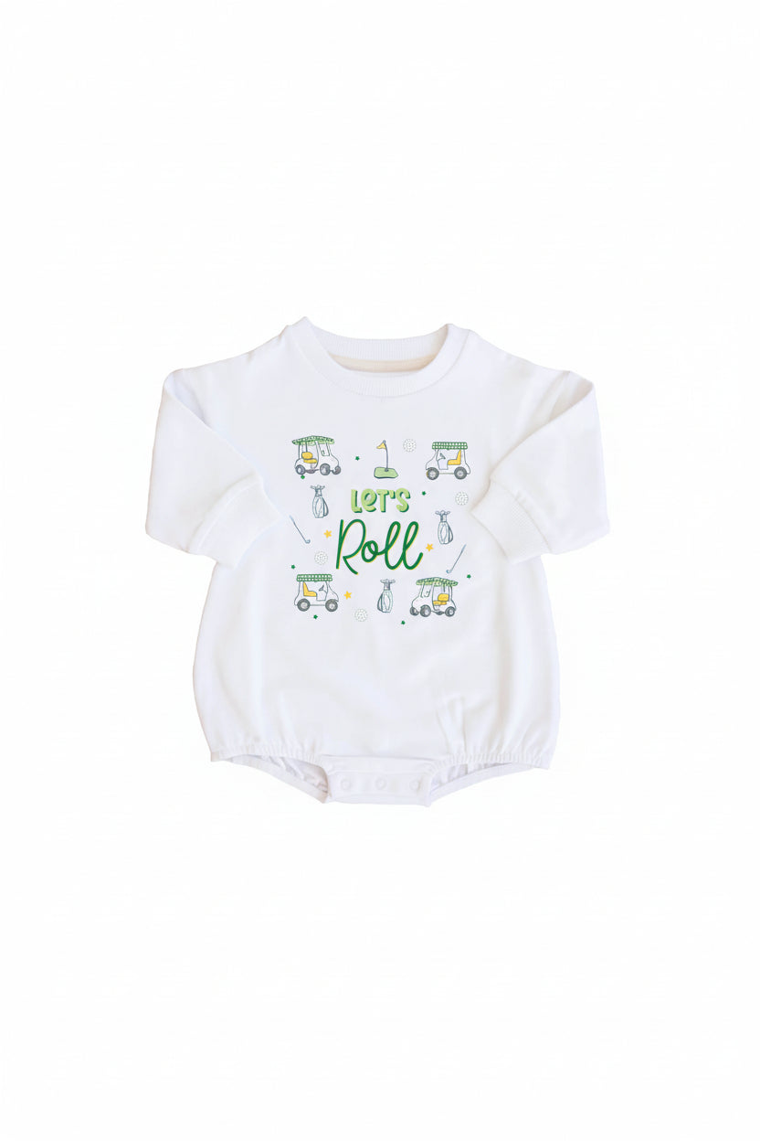 Let's Roll Graphic Sweatshirt Bubble Romper | White