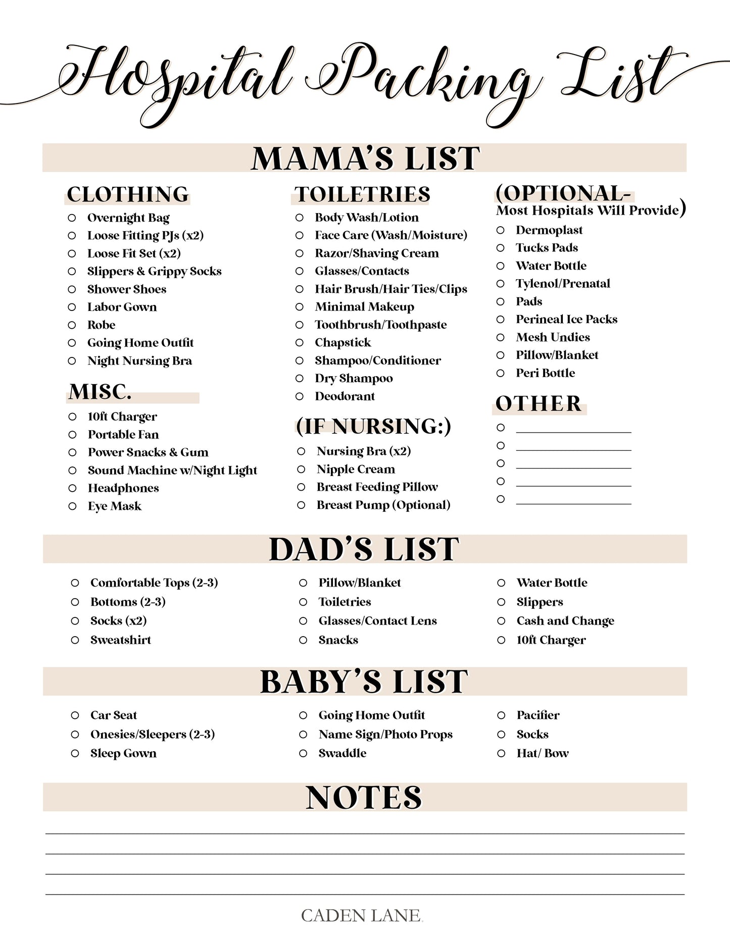 Hospital Bag Checklist - Free Digital Download