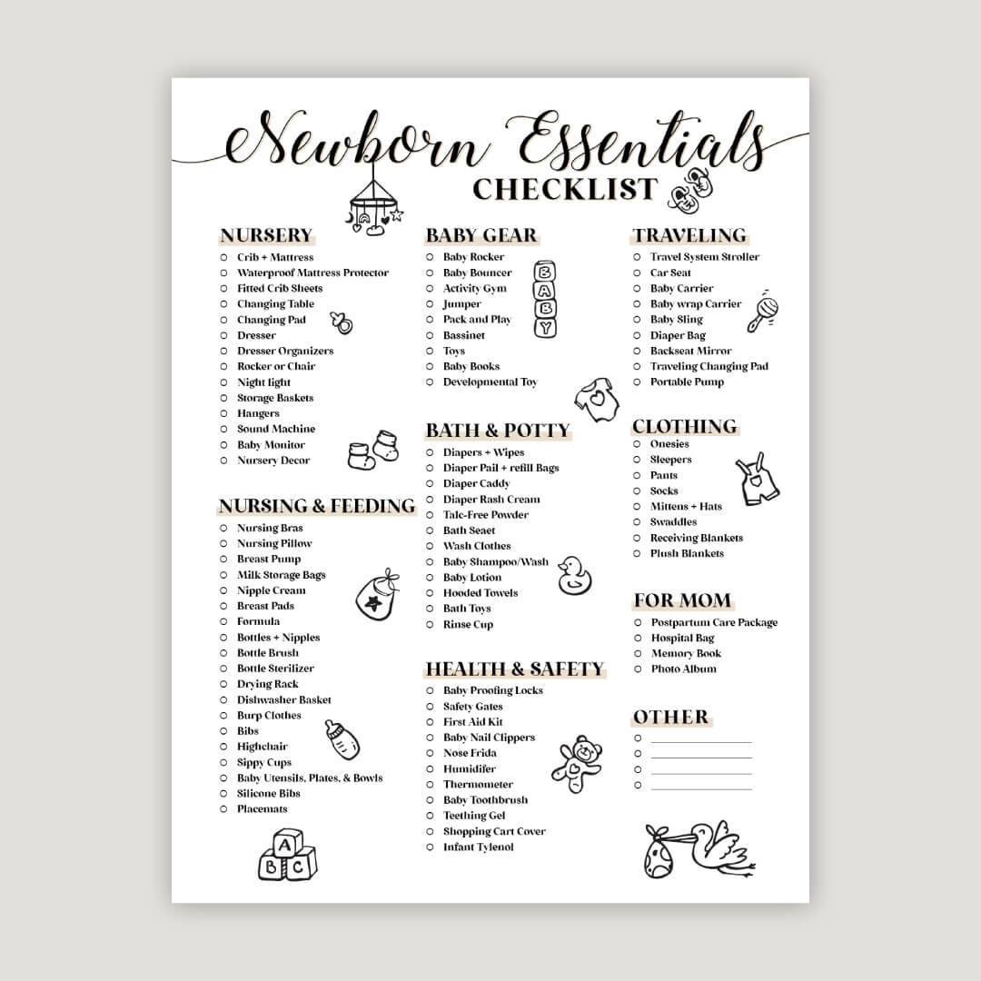 Newborn Essentials Checklist - Free Baby Shower Digital Download