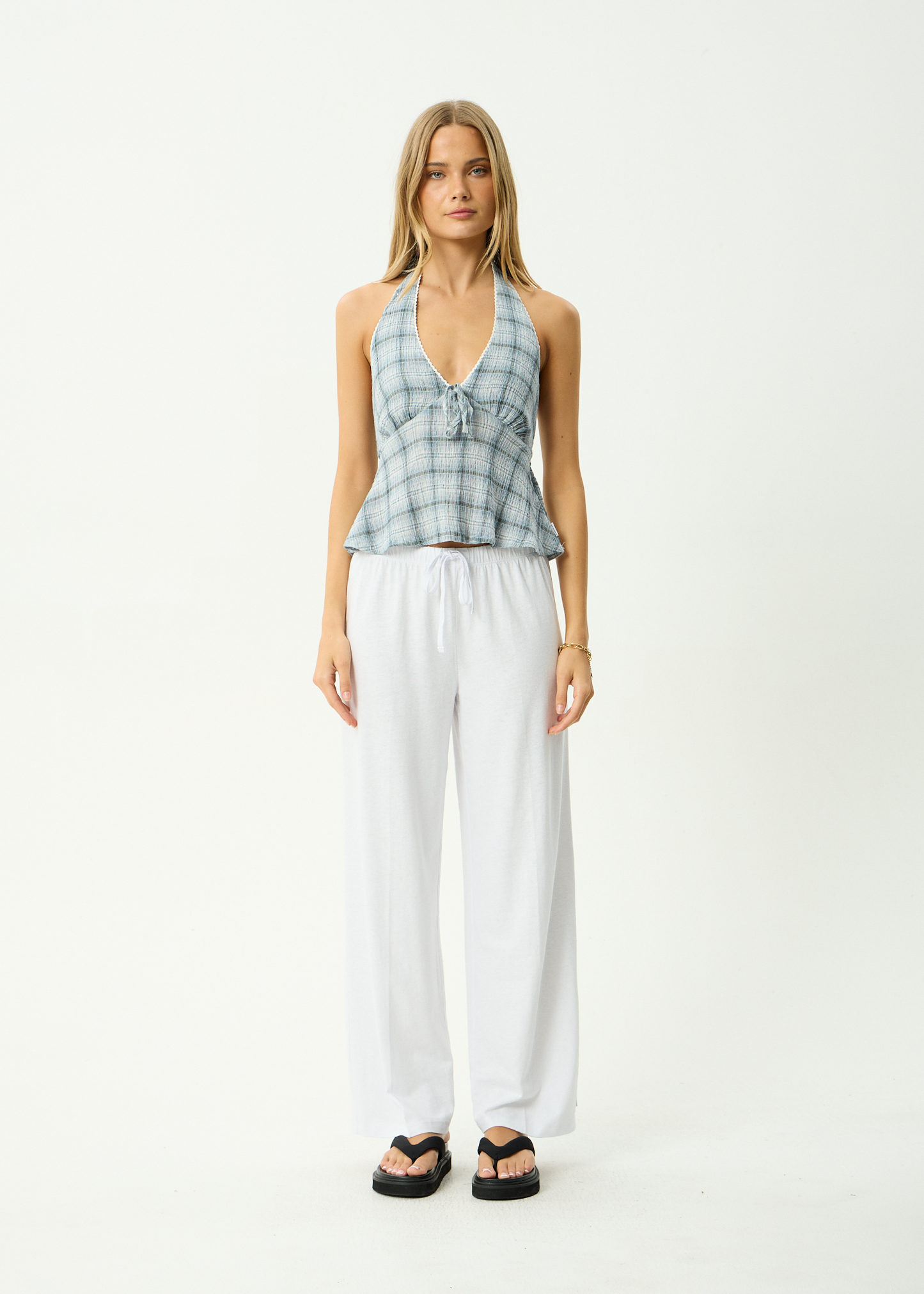AFENDS Womens Lagoon - Seersucker Halter Top - Overcast Check