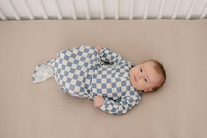 Blue Checkered Ribbed Bamboo Knot Gown