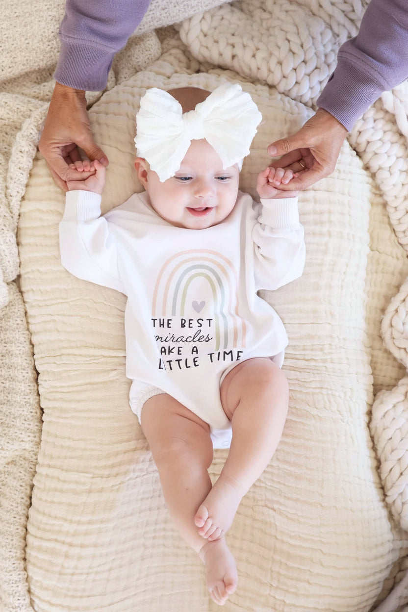Best Miracles Graphic Sweatshirt Bubble Romper | White