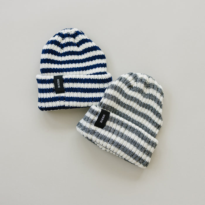 Grey & White Stripe Chunky Knit Beanie