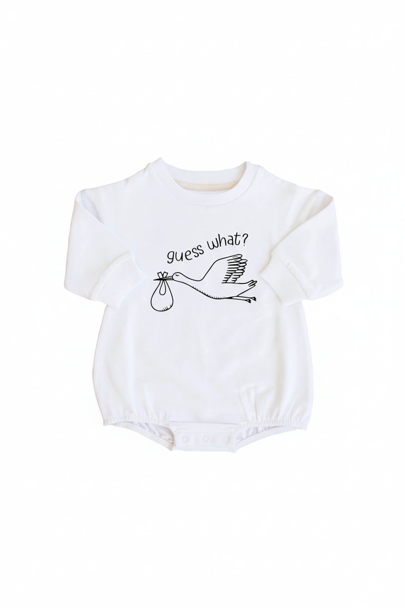 Guess What Graphic Sweatshirt Bubble Romper | White