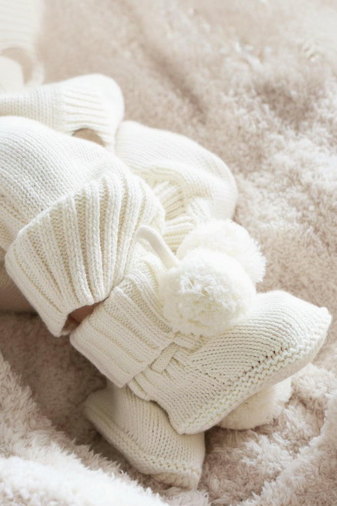 Knit Pom Pom Baby Booties | Ivory