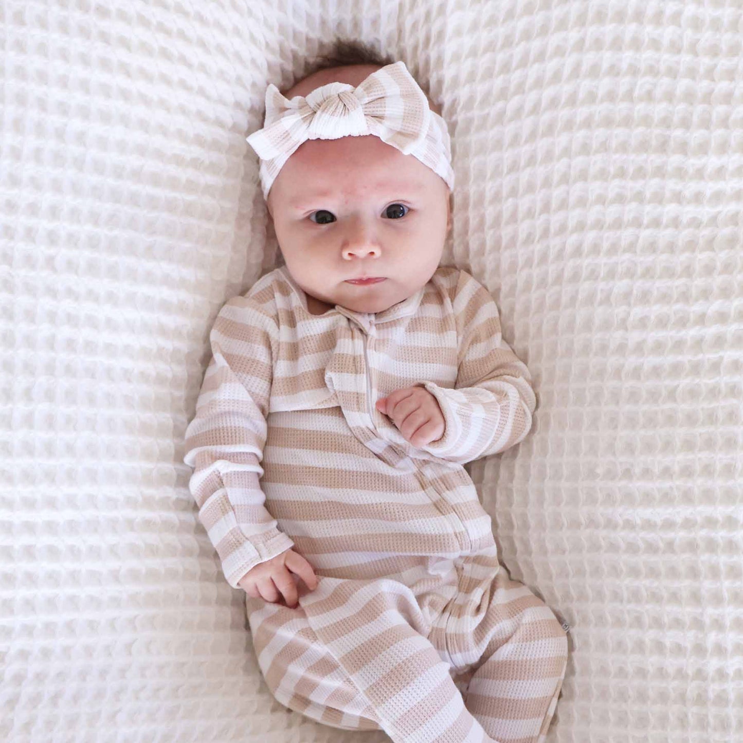 Latte Stripes Bamboo Waffle Knit Large Bow Headwrap
