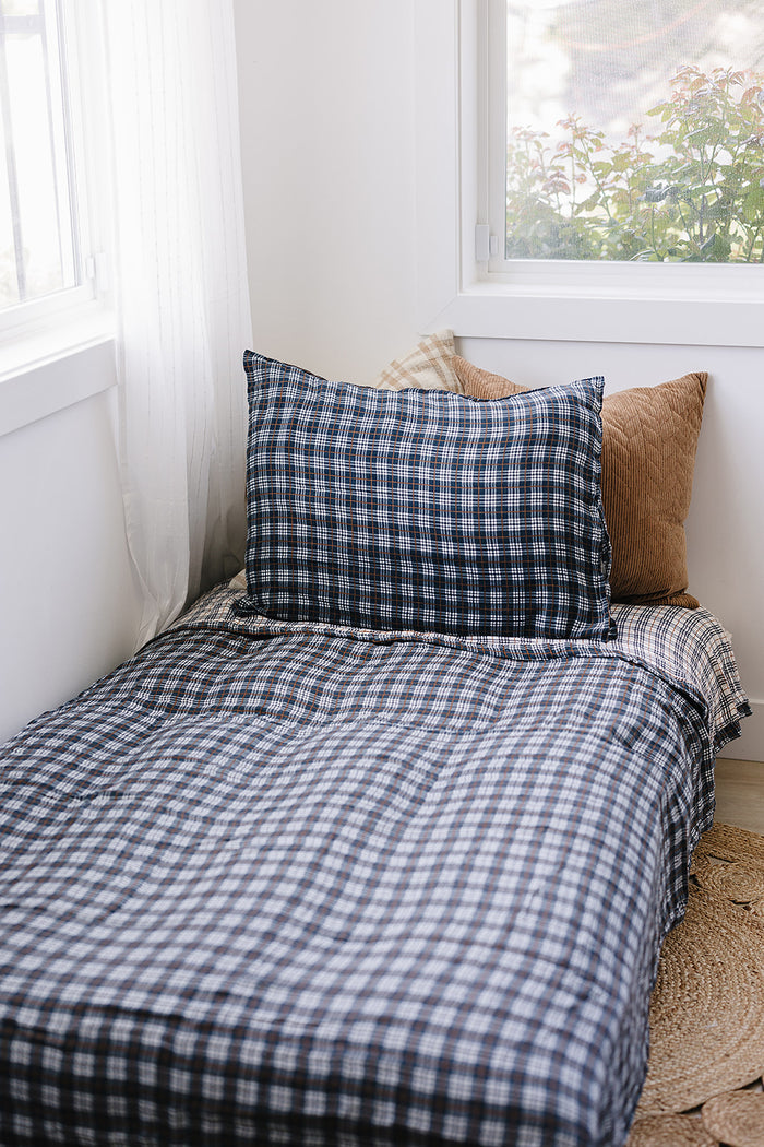 Navy Plaid Muslin Pillow Case