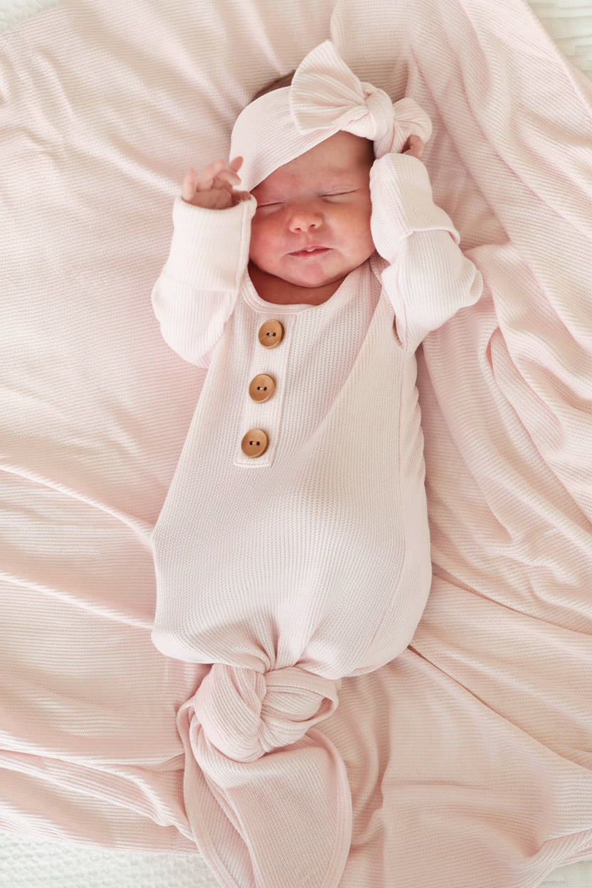 Pearl Pink Bamboo Waffle Newborn Baby Knot Gown & Hat Set