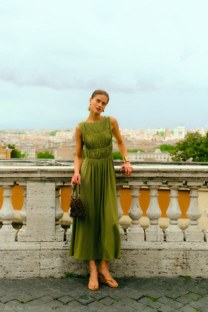 Cedar Green Crepe Jersey Smocked Aurelia Dress