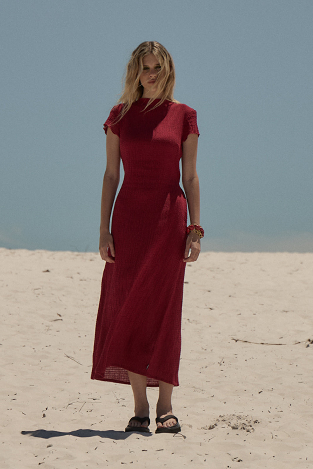 AFENDS Womens Elodie - Hemp Seersucker Midi Dress - Burgundy