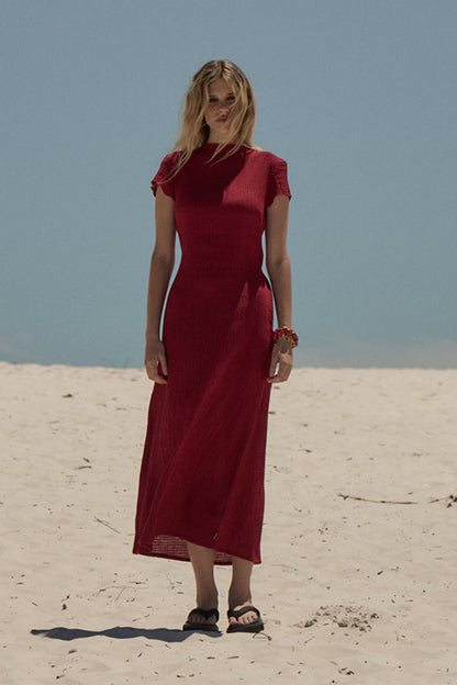 AFENDS Womens Elodie - Hemp Seersucker Midi Dress - Burgundy