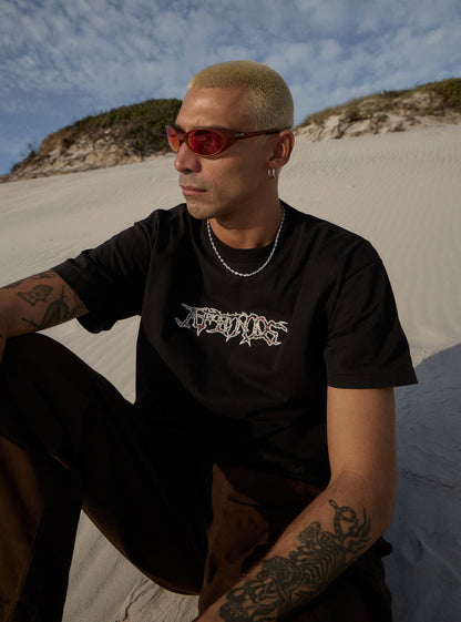 AFENDS Mens Kharma -  Heavyweight Boxy Tee - Stone Black