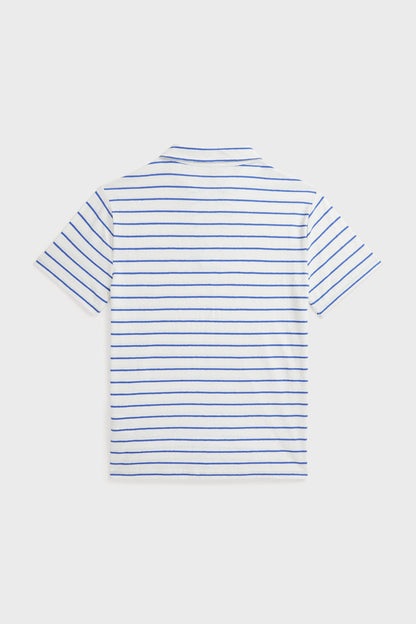 Boys White Short-Sleeve Cotton Linen Jersey Striped Johnny Collar Polo