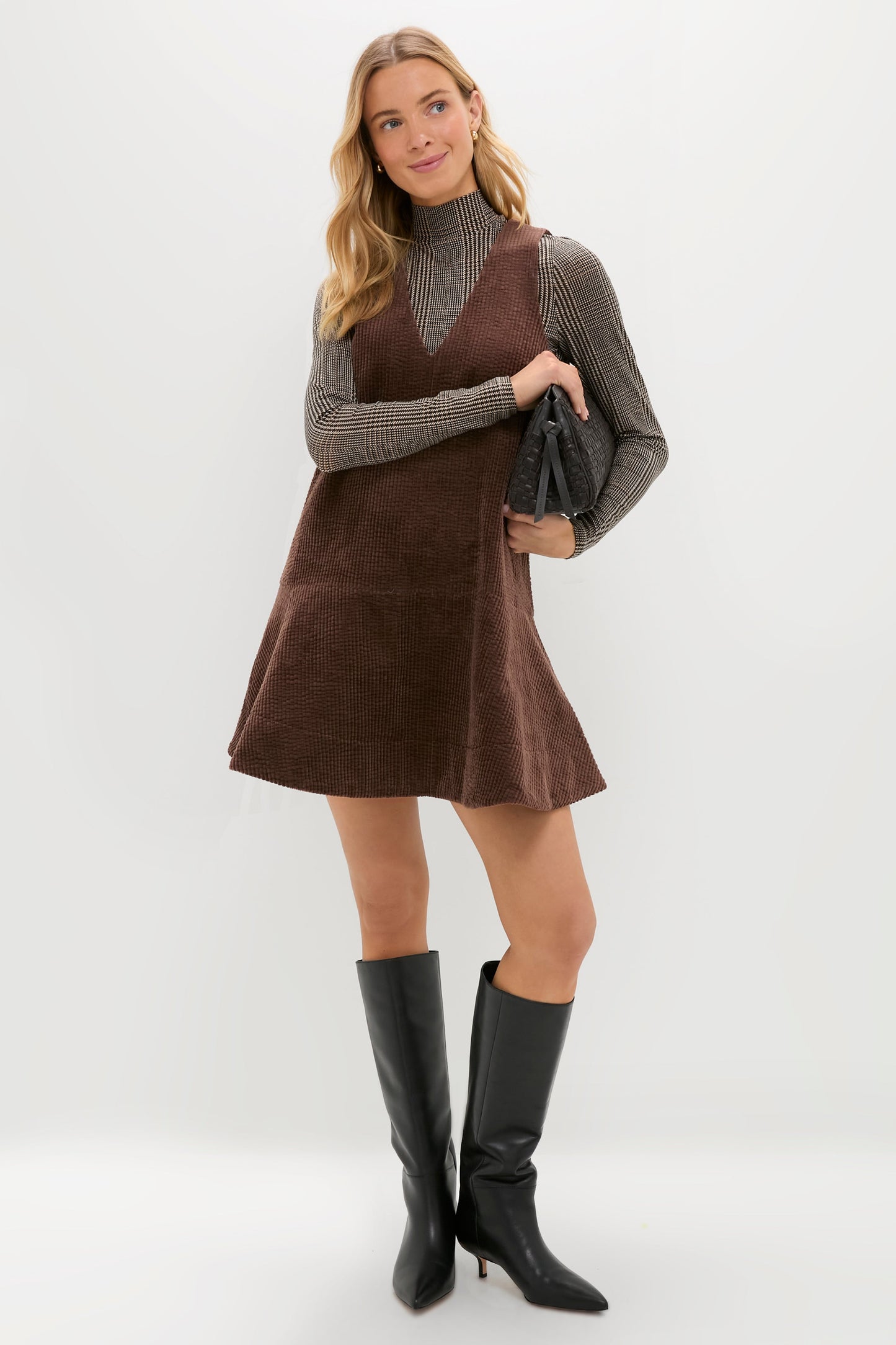 Chicory Coffee Seersucker Corduroy V-Neck Mini Dress