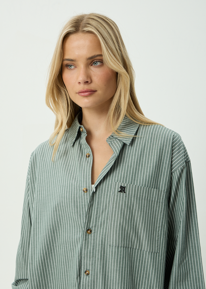 AFENDS Mens Pinned - Oversized Striped Long Sleeve Shirt - Sycamore Stripe