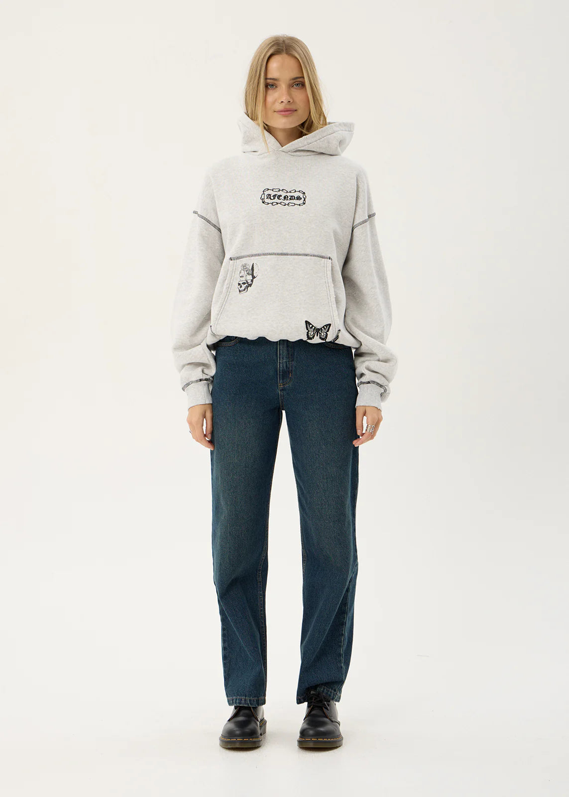 AFENDS Mens Spiritual - Distressed Boxy Hood - Grey Marle