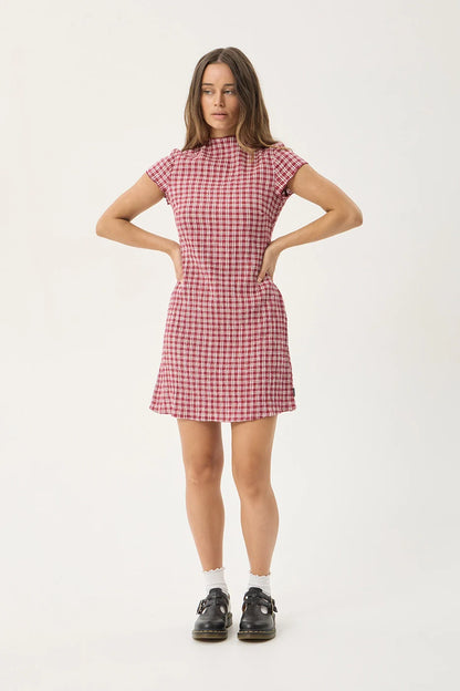 AFENDS Womens Elodie - Seersucker Mini Dress - Base Burgundy Check