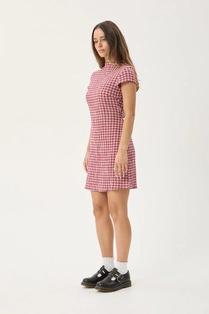 AFENDS Womens Elodie - Seersucker Mini Dress - Base Burgundy Check