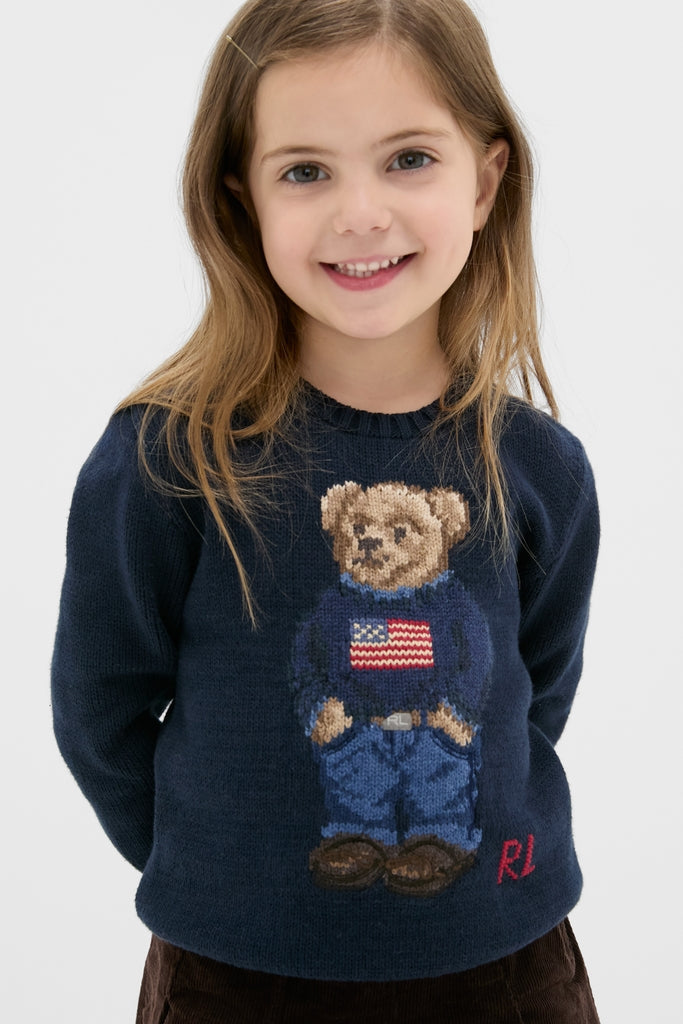 Boys Long-Sleeve Flag Bear Crewneck Sweater