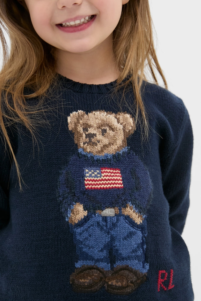 Boys Long-Sleeve Flag Bear Crewneck Sweater