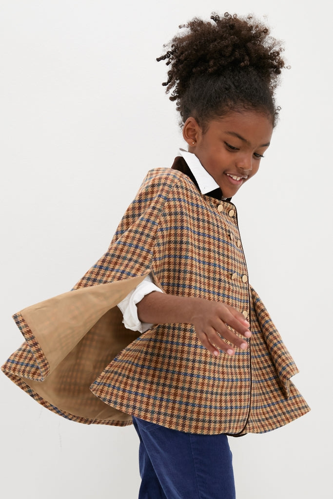 Checked Double Breasted Cape in Brown