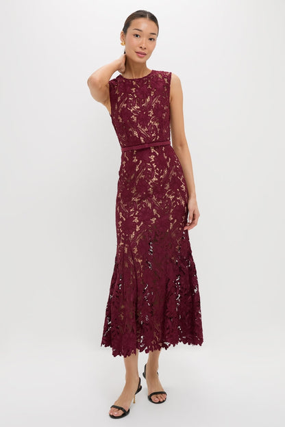 Burgundy Guipure Lace Midi Dress