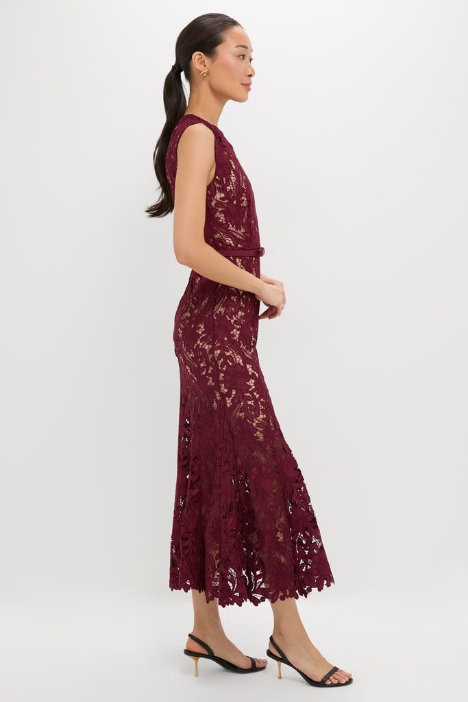 Burgundy Guipure Lace Midi Dress
