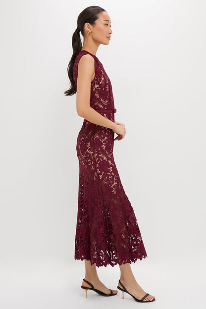 Burgundy Guipure Lace Midi Dress
