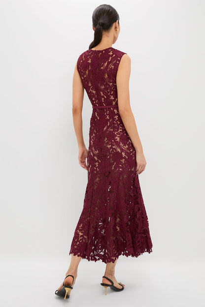 Burgundy Guipure Lace Midi Dress