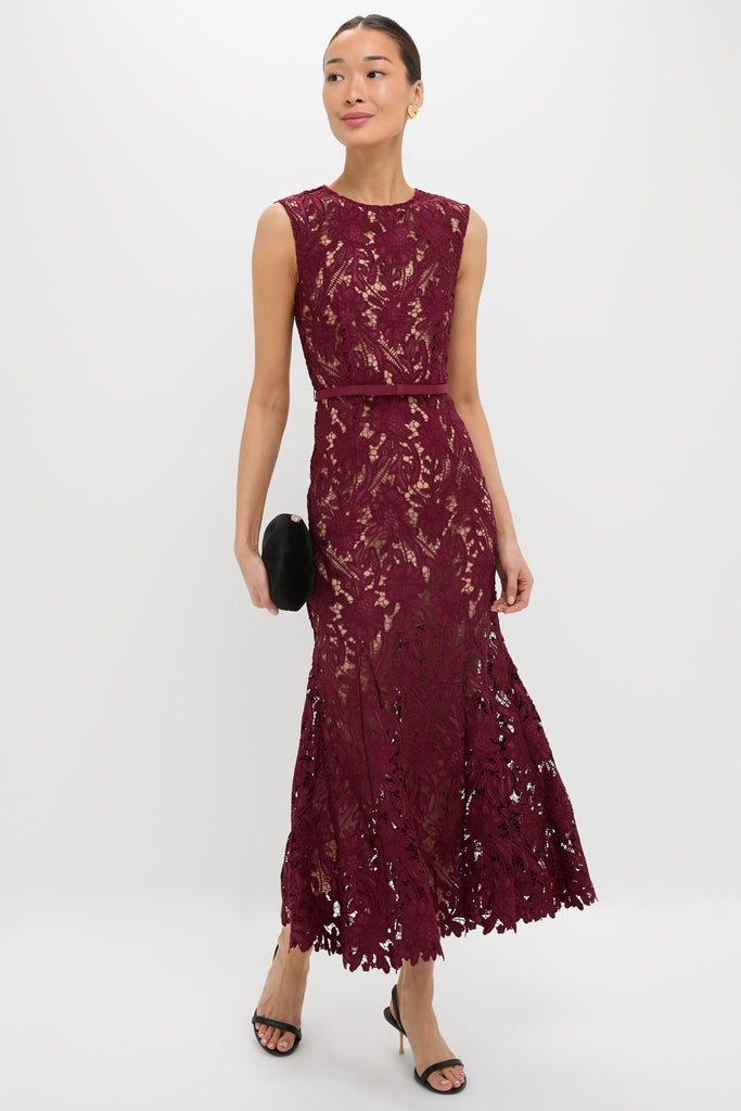 Burgundy Guipure Lace Midi Dress
