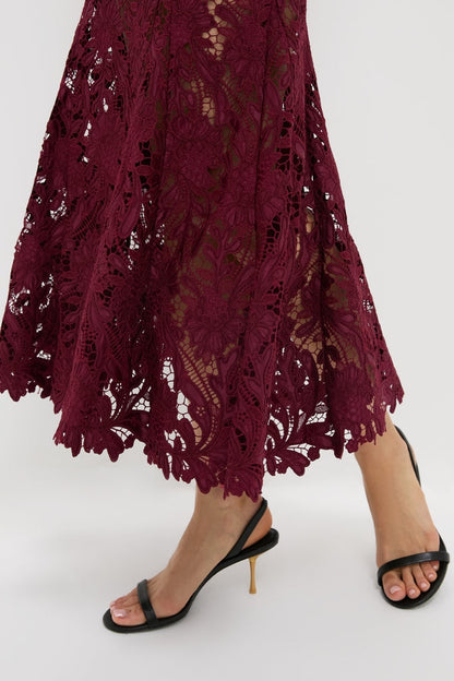 Burgundy Guipure Lace Midi Dress