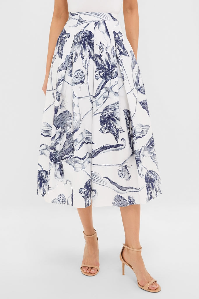 Botanical Engraving Ivory Pleated Midi Skirt