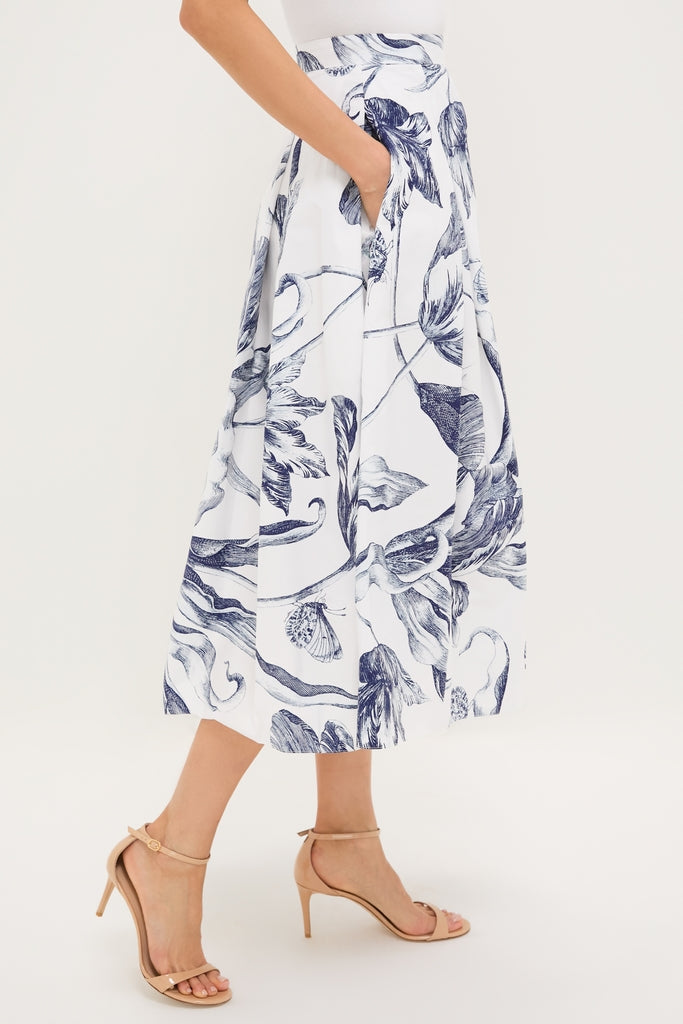 Botanical Engraving Ivory Pleated Midi Skirt