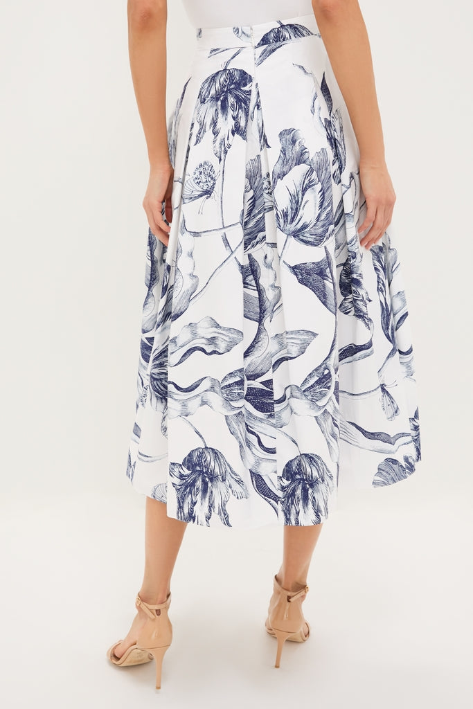 Botanical Engraving Ivory Pleated Midi Skirt