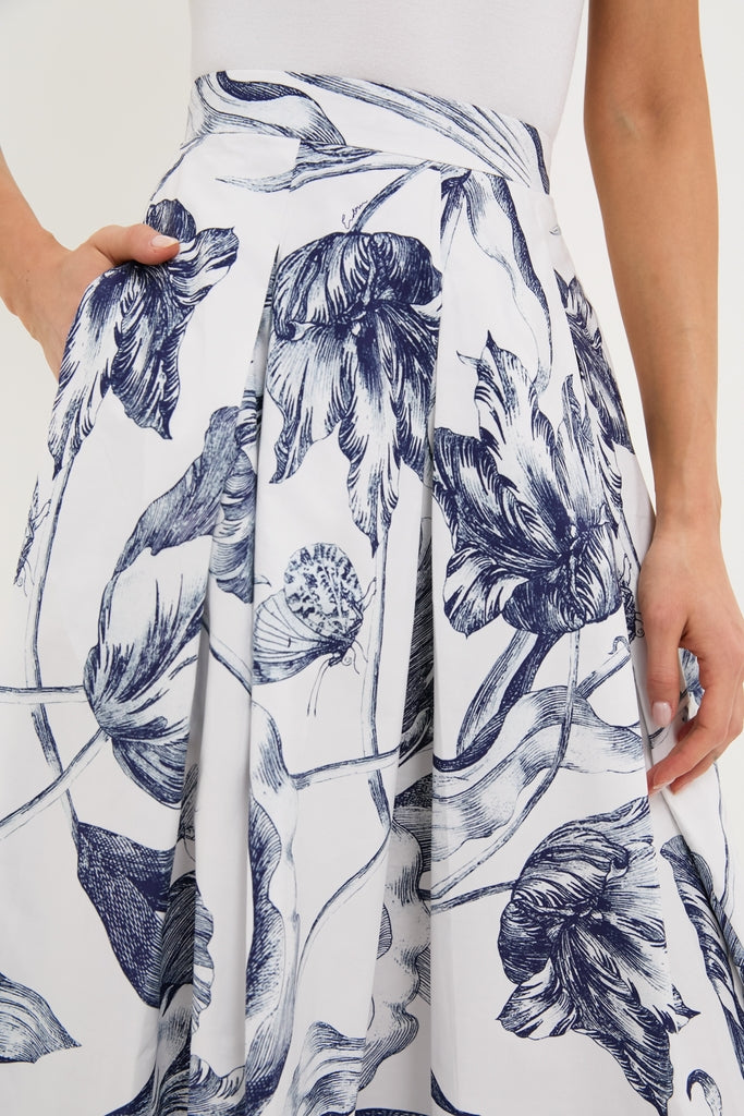 Botanical Engraving Ivory Pleated Midi Skirt
