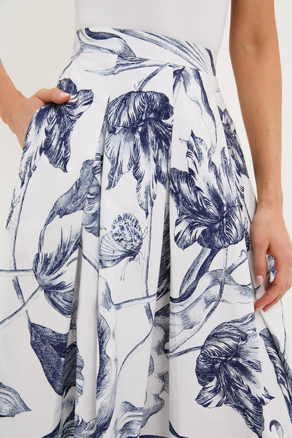 Botanical Engraving Ivory Pleated Midi Skirt