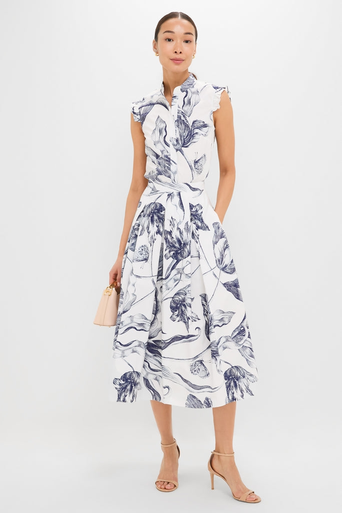 Botanical Engraving Ivory Pleated Midi Skirt