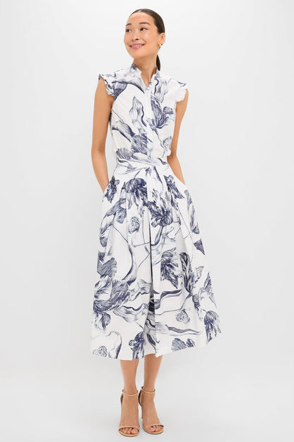 Botanical Engraving Ivory Pleated Midi Skirt