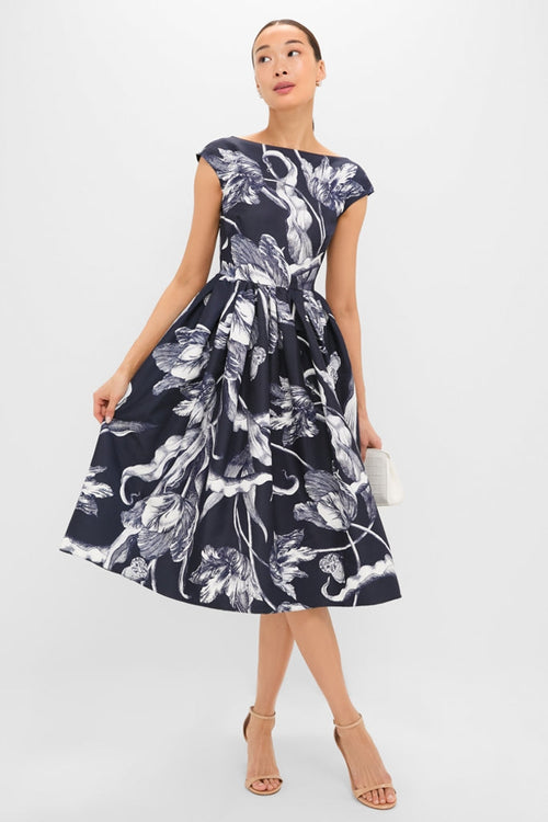 Botanical Engraving Midnight Boat Neck Midi Dress