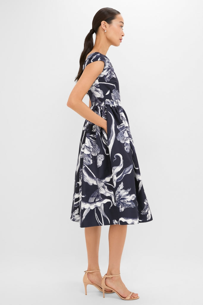 Botanical Engraving Midnight Boat Neck Midi Dress